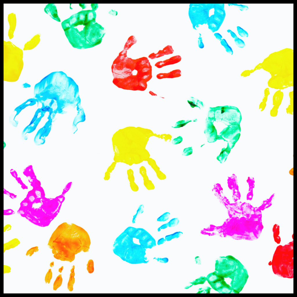 Child's handprint repeatedly in a variety of paint colors on a bright white background.