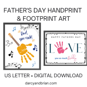 Father's Day handprint art templates mockup showing a guitar made with a handprint and "love" with a handprint for the letter O.