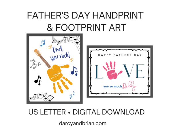 Father's Day handprint art templates mockup showing a guitar made with a handprint and "love" with a handprint for the letter O.