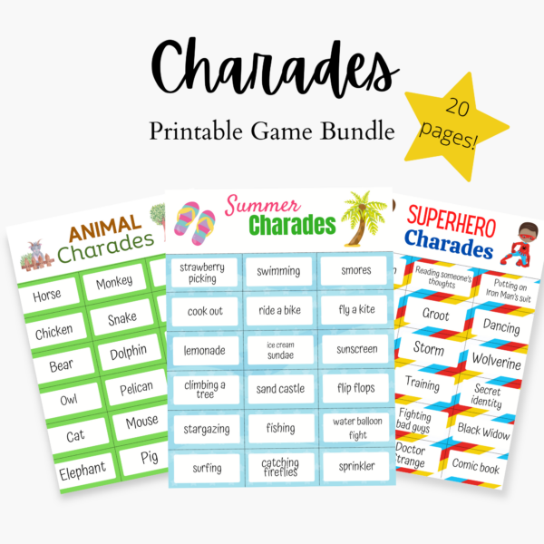 Mockup that shows three different charades printable game themes.