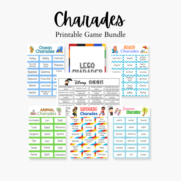 Mockup image with a page preview from each of the seven different themes of printable charades cards for kids.