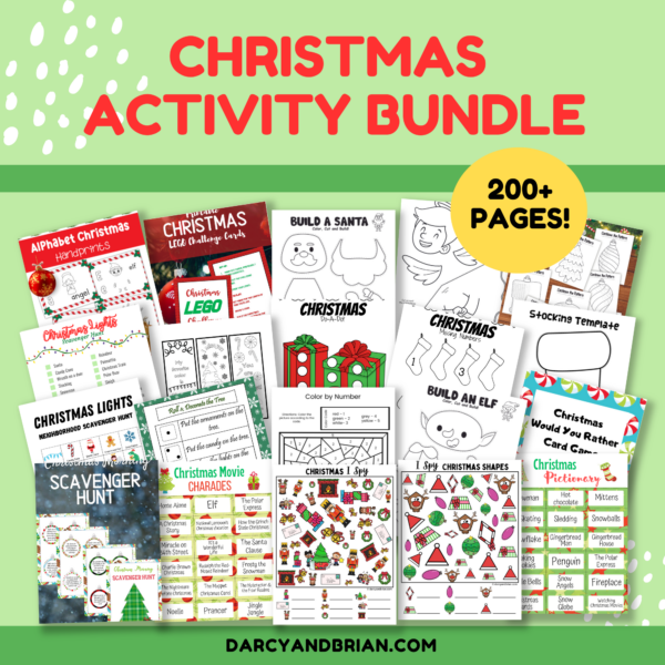 Red text on light green background at the top says Christmas Activity Bundle. In yellow circle says 200+ pages. Preview of several printable pages to show the variety of activities.