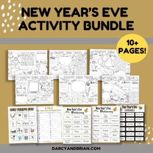 Digital mock up of New Year's Eve printable activity bundle