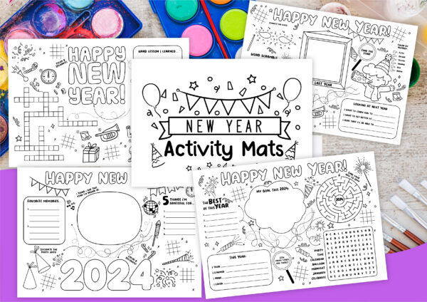 Mockup image showing previews of New Year's activity placemats for kids to color and draw on.