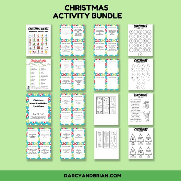 Preview of Christmas lights scavenger hunt, would you rather questions, bookmarks, and worksheets.