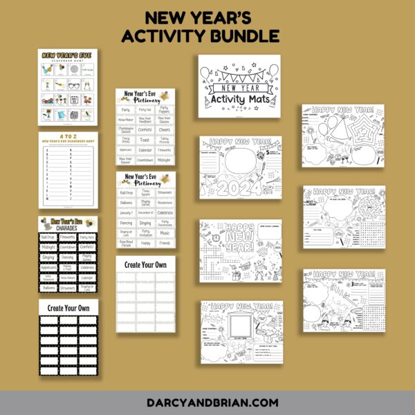 Preview images of printable activities for New Year's Eve