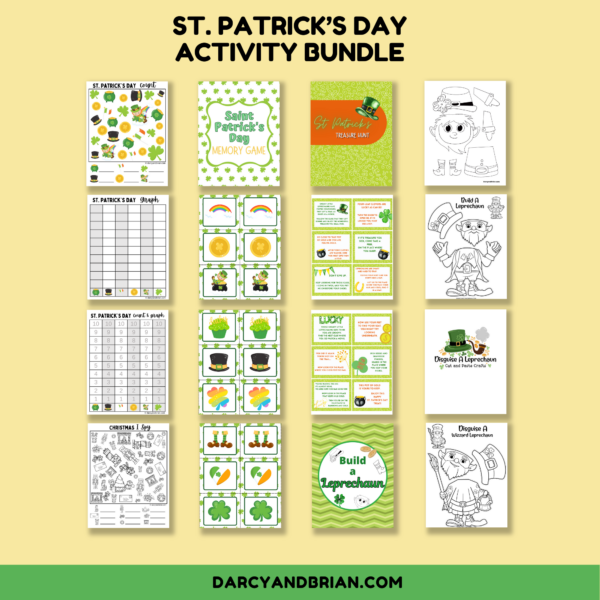 Preview images of printable pages for St. Patrick's Day count and graph, memory game, build a leprechaun craft