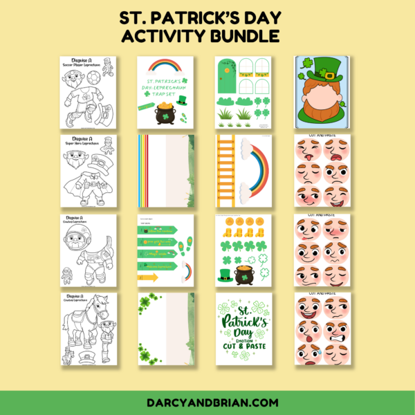 Preview images of disguise a leprechaun craft, emotion faces, and leprechaun trap printables