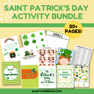 Digital mockup of a variety of printable Saint Patrick's Day themed activities for kids.