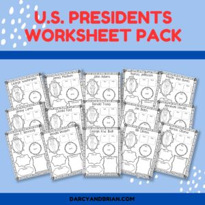 Mockup image showing preview images of some of the president research worksheet pages. At the top it says U.S. Presidents Worksheet Pack.
