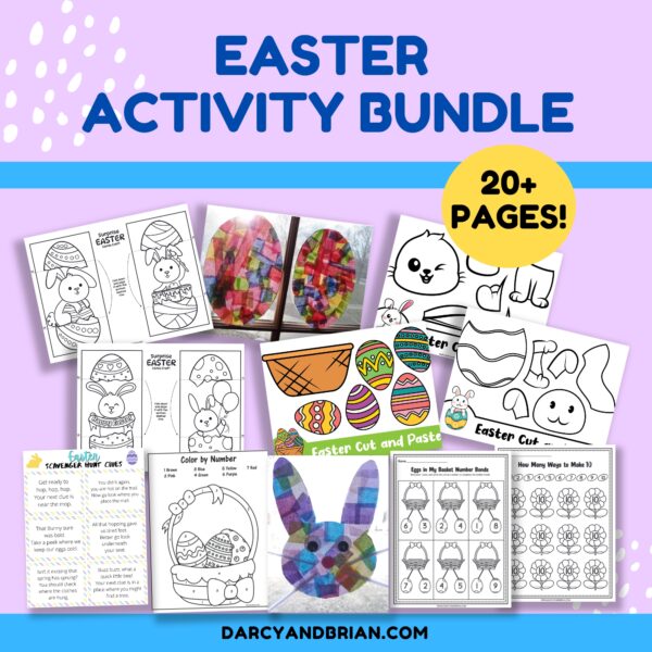 Preview of several activities from the Easter Activity Bundle on a light purple background.