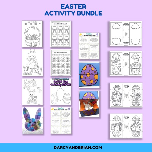 Preview images of coloring pages, bunny suncatcher craft, number bond worksheets, and some of the surprise egg cards.