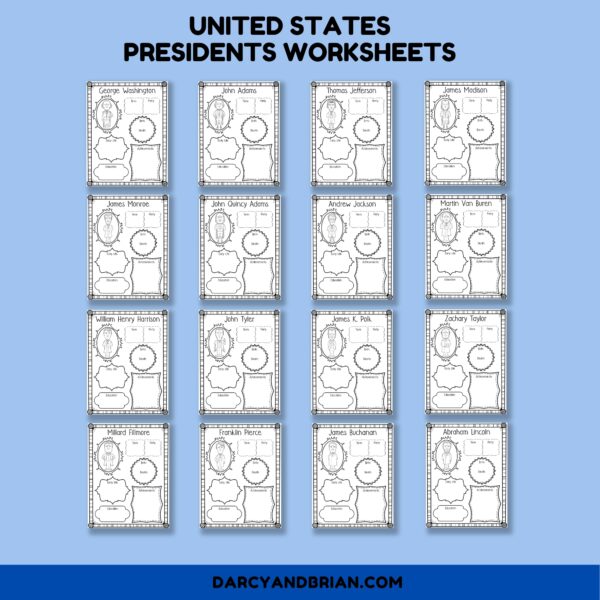 Mockup showing each president research worksheet