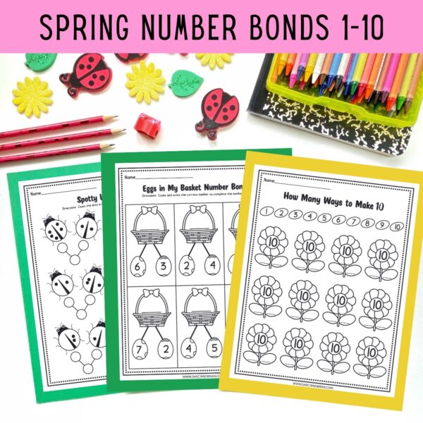Mockup of three different spring themed number bond math worksheets fanned out on top of green and yellow papers on a white desk. Ladybug and flower shaped erasers at the top along with pencils.
