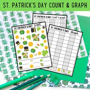 Mockup of the three pages for the Saint Patrick's Day themed count and graph math activity on a background with shamrock decorated paper.