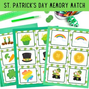 Mockup showing three pages with printable game cards for a St Patrick's Day themed memory game. Pages are on top of green paper and other green items along the top.