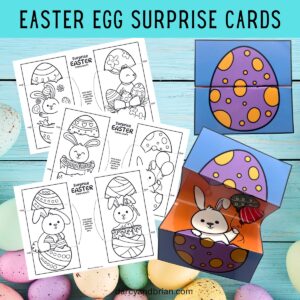 Preview of three pages of Easter egg surprise cards to color and showing an example one that is colored and folded.