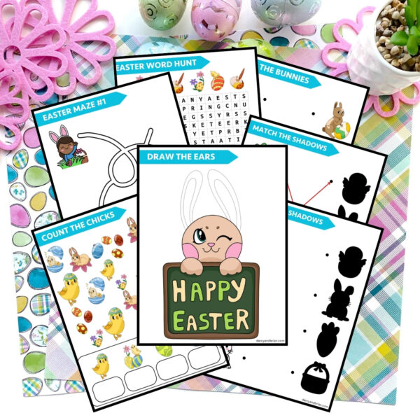 Preview of 8 pages of Easter-themed activity worksheets such as I-Spy counting, mazes, matching, word search, and drawing. Pages are on a background with Easter themed papers and props such as eggs and flowers in pastel colors.