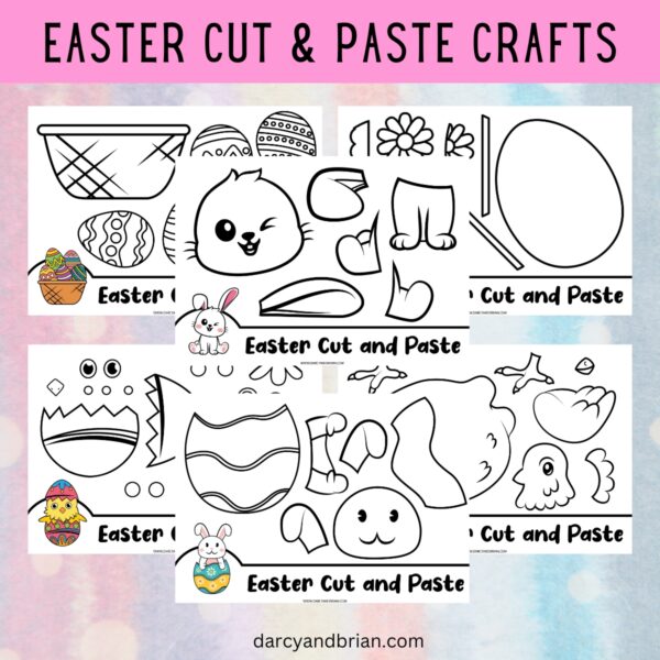 Black and white versions of the cut and paste Easter crafts for kids. The pages are digital previews overlapping each other on a pastel background.