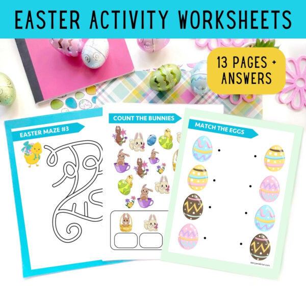 Digital mockup of three pages from the Easter activity worksheet pack laying on top of colorful papers. Top of image is decorated with Easter egg props.