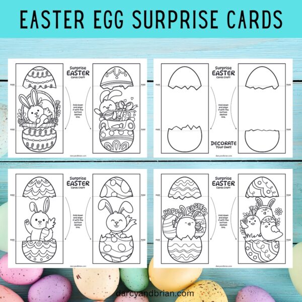 Preview of four pages of surprise egg cards for Easter on a blue background with Easter eggs.