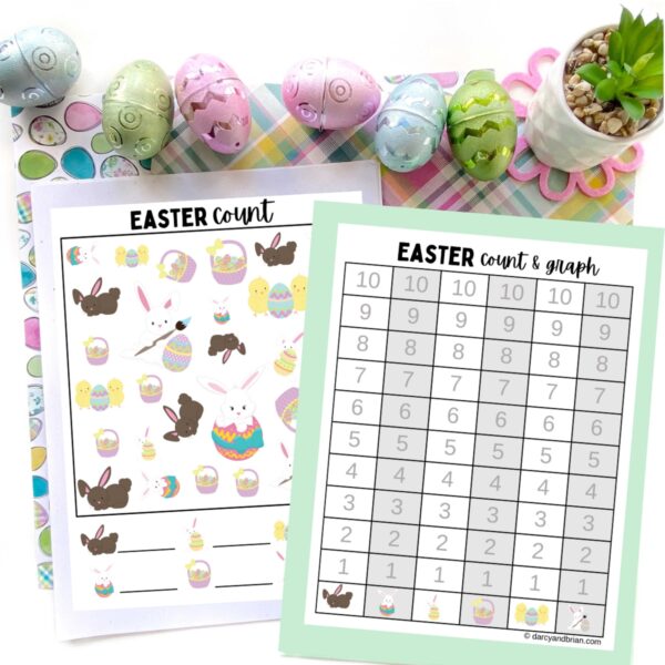 Preview of Easter themed I-Spy counting page and the count and graph page for those items.