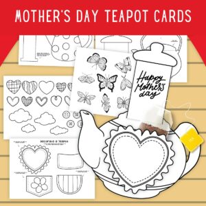 Mockup showing a cut out teapot craft with a Happy Mother's Day message that slides in and out and a paper pocket on the front with a teabag in it.
