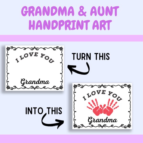 Showing one blank Grandma handprint template and how it looks after adding red handprints in a heart shape