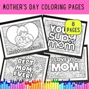 Mockup showing four Mother's Day themed coloring sheets with a rainbow of crayons along the bottom