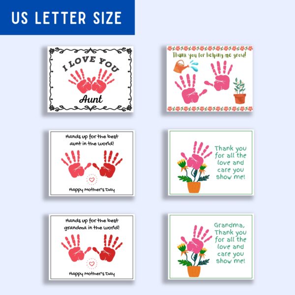 Preview of six different landscape orientation templates. Some have handprint flowers, and two hands with different loving messages.