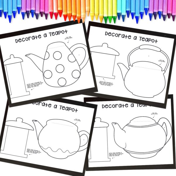 Preview of four of the different teapot designs and assorted crayons along the top.