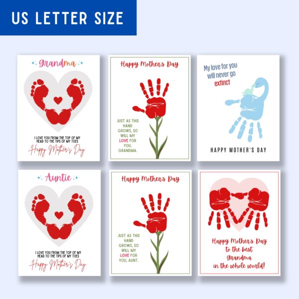 Six different portrait orientation handprint artwork templates. One looks like a dinosaur, a couple flowers and hearts.