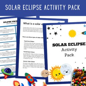 Mockup with three overlapping pages from the Solar Eclipse Activity pack including the cover, information, and vocabulary.