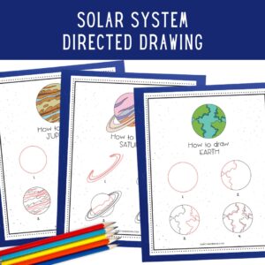 Three pages showing how to draw the Earth, Jupiter, and Saturn overlapping each other. Colored pencils along the bottom.