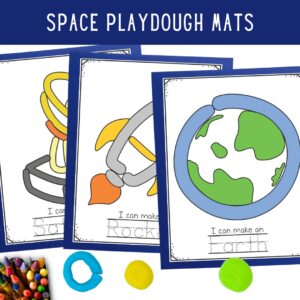 Mockup showing three of the space themed playdough mats featuring Earth, a rockets hip, and a satellite. Some crayons and balls of playdough along the bottom.