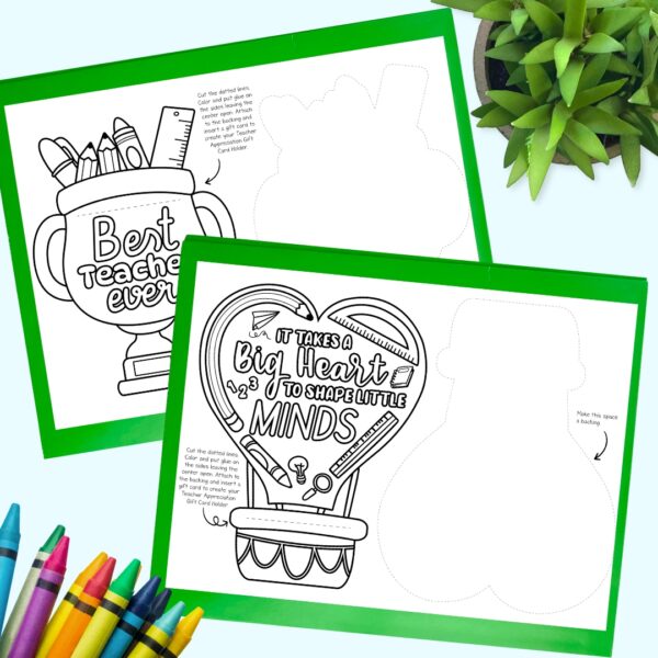 Mock up of two printable gift cards for teachers with crayons and a plant decorating the edges.