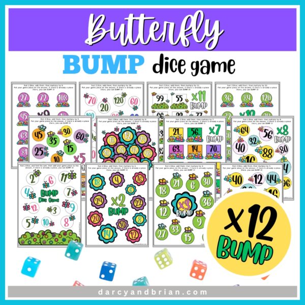 White text on purple banner at top says Butterfly. Underneath that in blue and black text on white says Bump Dice Game. Preview of 12 pages of colorful game mats with butterflies and flowers. Colorful dice along the bottom. Says x12 Bump in a circle in lower right.