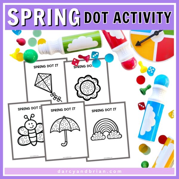 Mockup of spring activity pages for coloring with dot markers. The preview pages are surrounded by bingo chips and daubers.