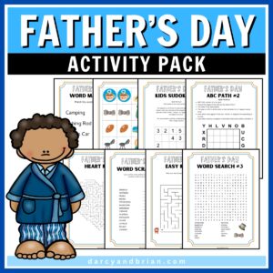 Mockup showing 8 different activity pages included in the Father's Day activity pack.