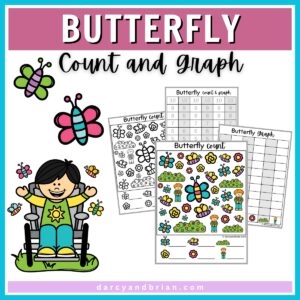 White and black text on maroon background says Butterfly Count and Graph. Preview of color and black and white versions. Cute illustration of kid in a chair surrounded by butterflies.