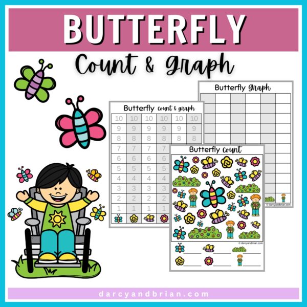 Preview of color version of butterfly themed counting and graphing math worksheets for kids.