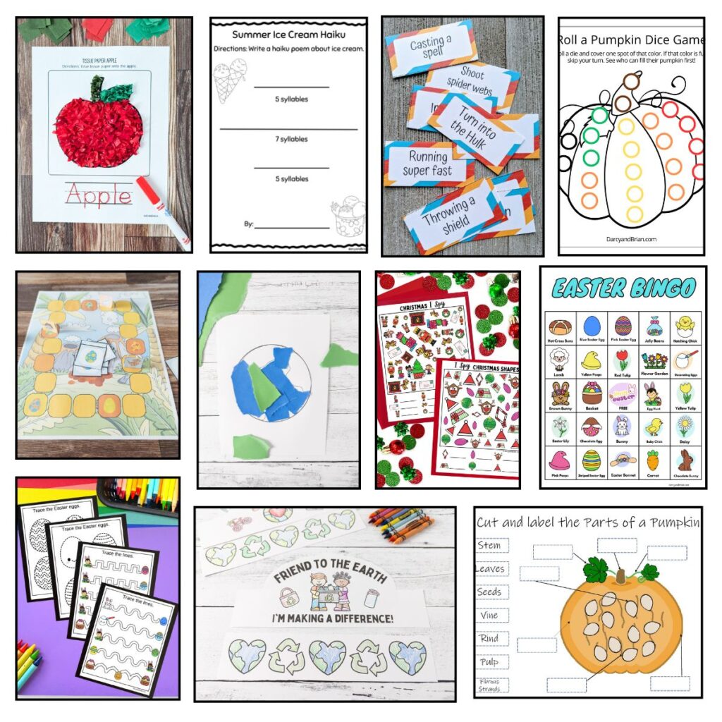 Collage of 11 different printable activities for kids ranging from worksheets to crafts. Some are seasonal or holiday themed.