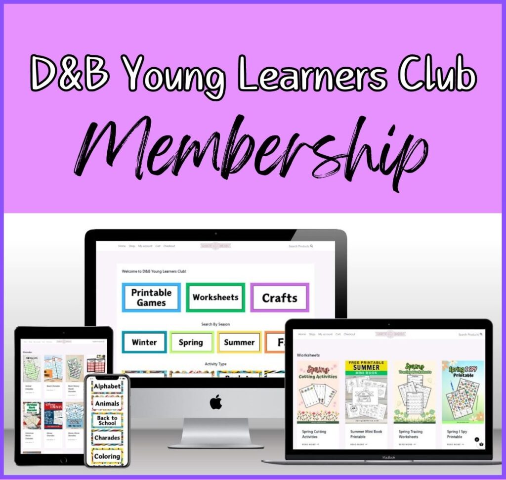 Top of image says D&B Young Learners Club Membership in white and black text on a pink background. Below is a mockup with different pages from the membership showing on a tablet, phone, desktop monitor, and laptop screen.