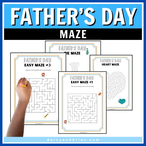 Preview showing four pages with mazes and a child holding a pencil.