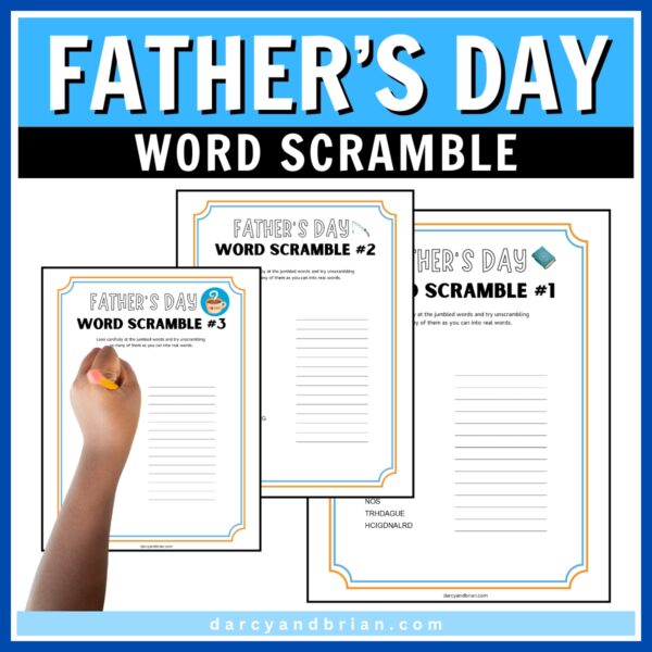 Three pages with word scrambles. Child holding a pencil in their left hand.