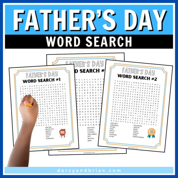 Mockup with three pages of word searches with a Father's Day theme.