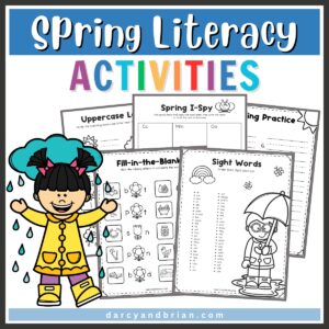 Preview of five worksheets with kindergarten literacy skill activities. Colorful clipart of gift in rain gear decorating the side by the pages.