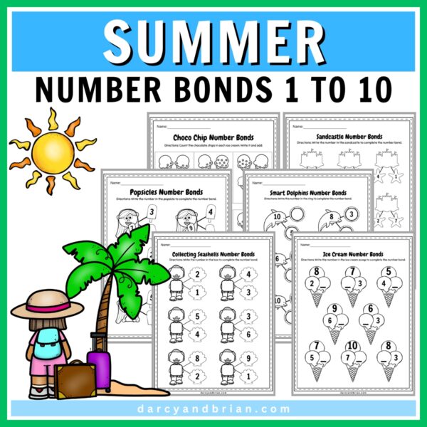 Preview of six summer themed worksheets for fact families overlapping each other. Blue rectangle across top with product title. Clipart of sun and someone standing by a palm tree.