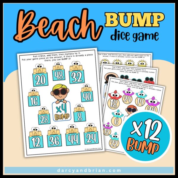 Preview of game mats for beach themed math game. Fun colorful images of children, starfish, and sandcastles.