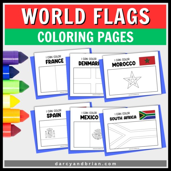 Mockup showing France, Denmark, Morocco, Spain, Mexico, and South Africa flags children an color while learning about.